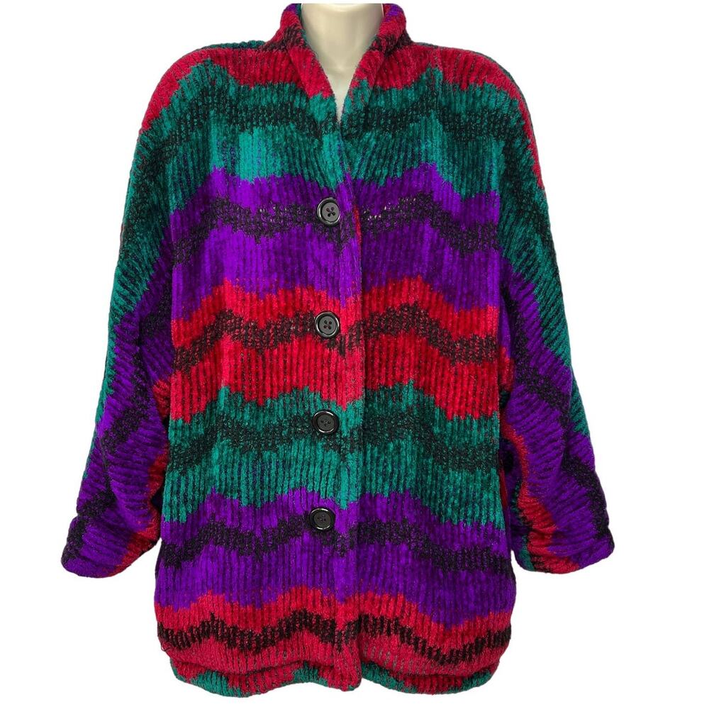 Vintage 90s Chevron Stripe House Jacket Bight Size M Cardigan Purple Teal Chunky